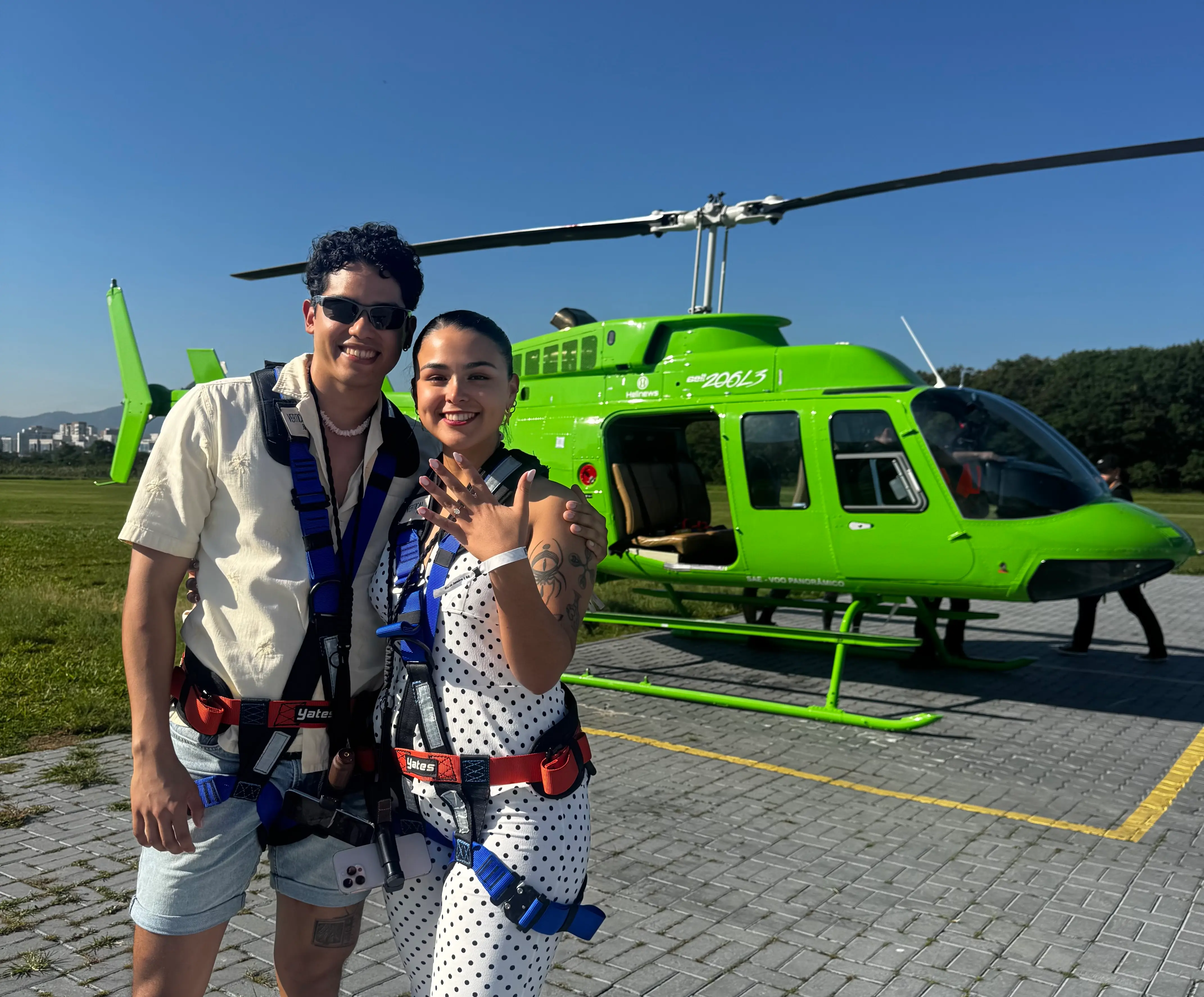 Honeymoon couple on a helicopter tour at sunset in Rio de Janeiro