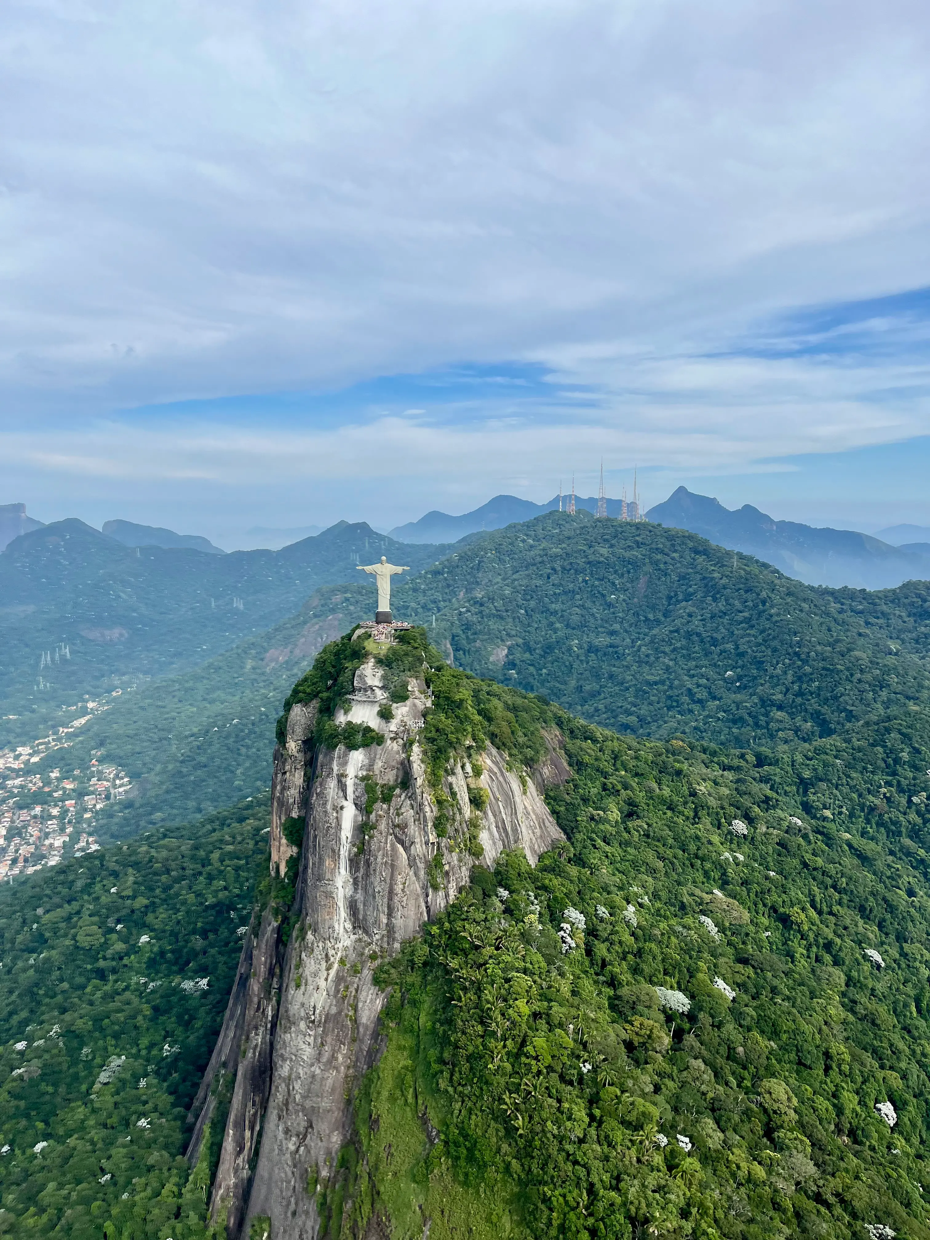 Christ the Redeemer seen head-on during a helicopter flyover in Rio de Janeiro