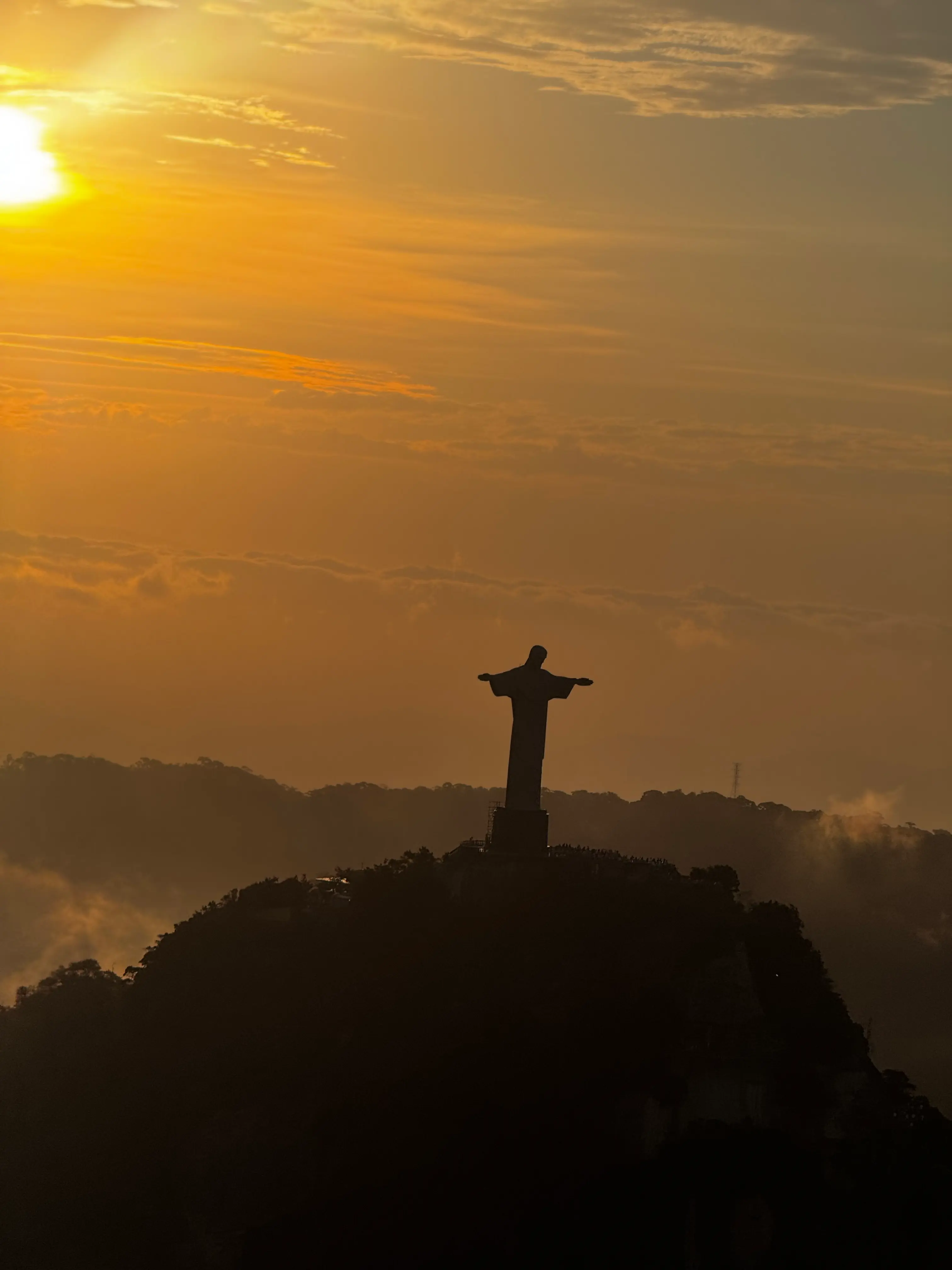 Christ the Redeemer seen from the front during a helicopter flyover in Rio de Janeiro